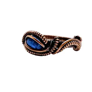 Denim Blue Aqua Stone Pure Copper wire wrapped Ring Size 5