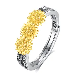 Eudora 925 Sterling Silver Sunflower Ring Two Tone Gold Adjustable Open Band Flower Statement Jewelry Gift for Women Daughter