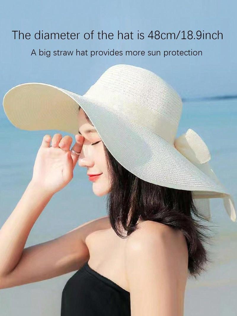 2025 New Extra Wide Brim Straw Hat, Women's Sun Protection Beach Hat, Summer Foldable Casual Elegant Polyester Bowknot Decor Hat, Suitable For Beach, Street, Spring/Summer