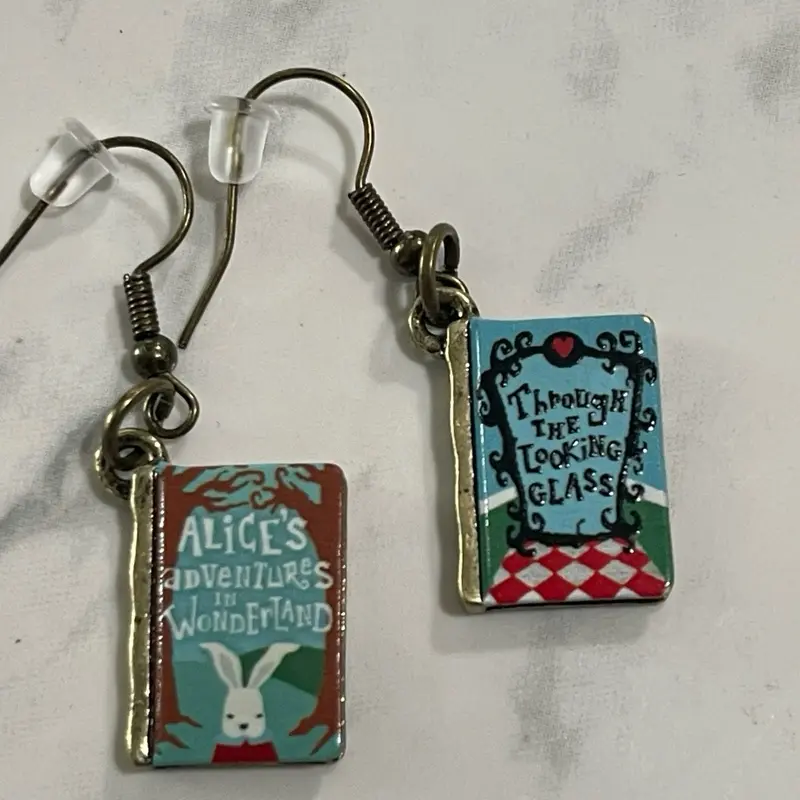 Alice’s Adventures In Wonderland Book Charm Mismatched  Oxidized Brass Earring