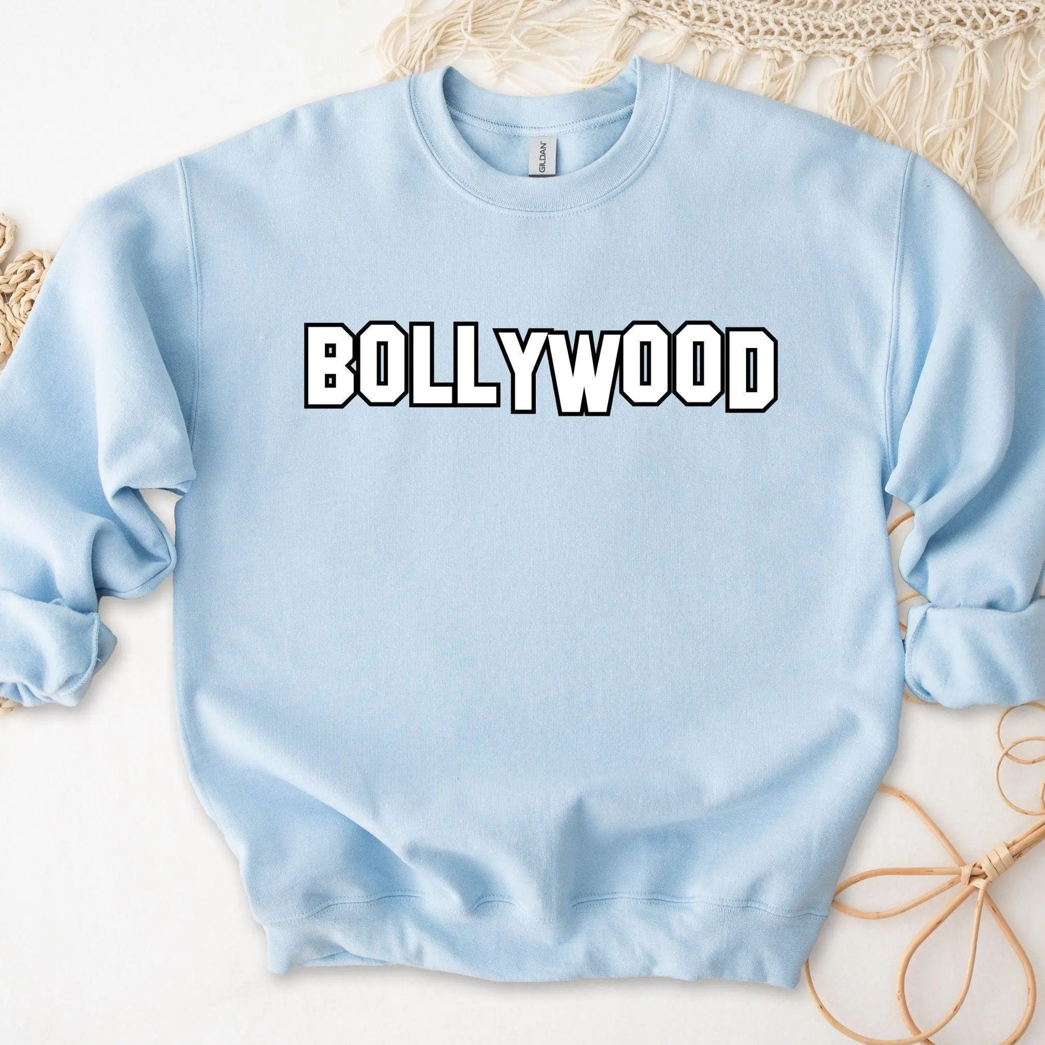 Bollywood Sign Sweatshirt by Humraha | Desi Arab Muslim Fashion Apparel Gifts for Ramadan Eid Nikkah Wedding Couples Families New Moms Aunts Uncles Grandparents | Pakistan India Bangladesh Palestine Lebanon Egypt Syria