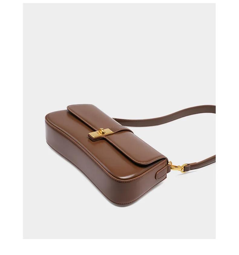 Minimalist Brown Leather Baguette Bag for Women Retro Underarm Shoulder Purse with Gold Lock
