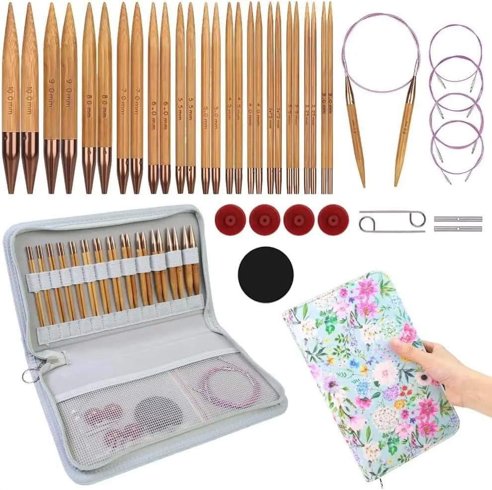 Yarniss Bamboo Circular Knitting Needle with Flexible Cable 3.5mm~10.0mm | 13 Pairs Interchangeable Knitting Needles with Case,4-Inch Round Knitting Needle US Size 2.5~15 Gift