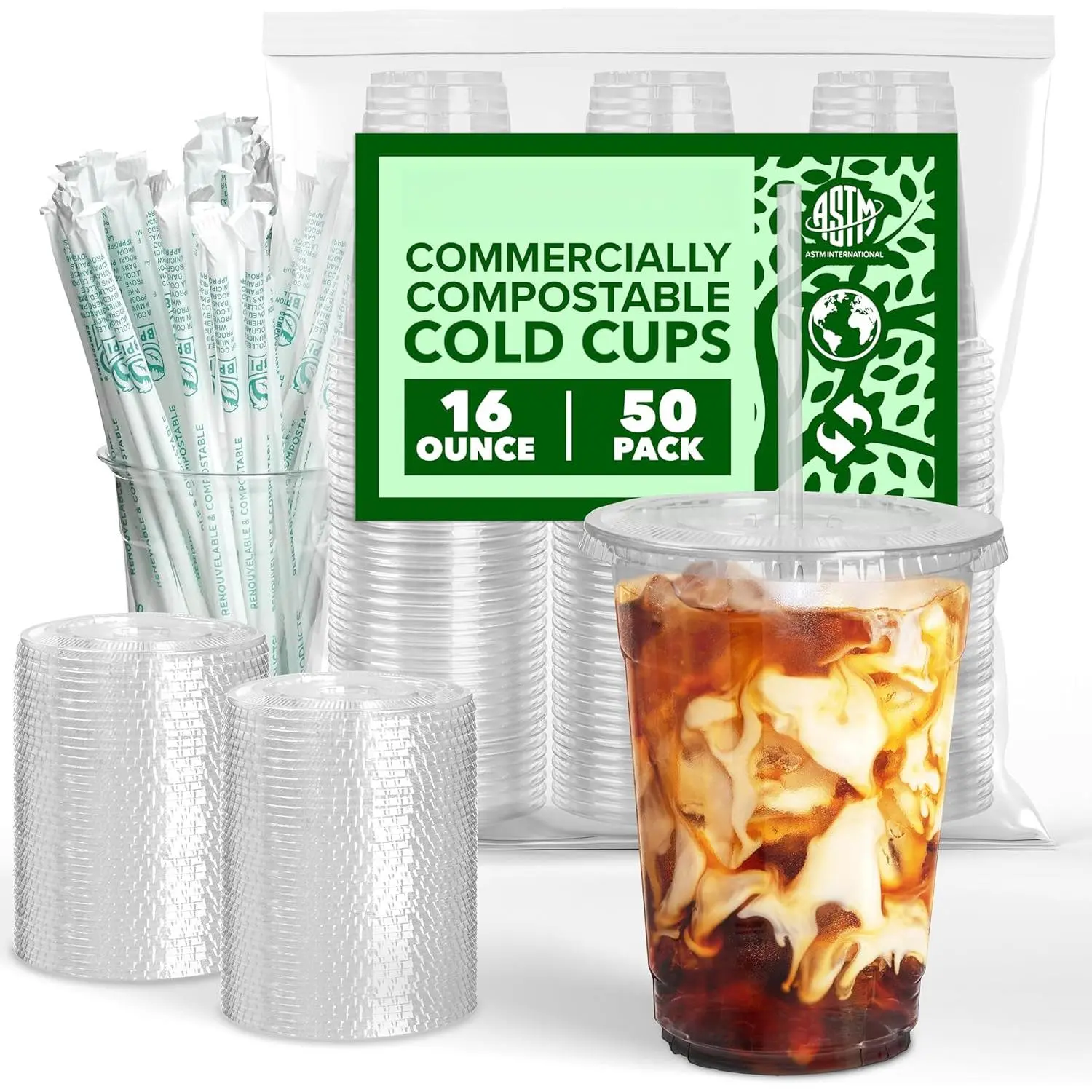 16 oz Clear Commercially Compostable Cups with Lids and Straws (Set of 50) Plant Based Cold Cups Eco Party Cup, Environmentally Friendly Recyclable Disposable Sustainable Corn