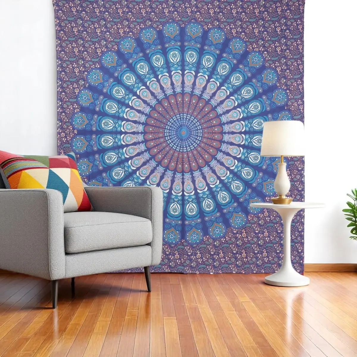 212 MAIN Large Size Rectangle Bohemian Handmade Mandala Cotton Hanging Tapestry, 92x84 in, Navy Blue-Ivory-Brown, Indoor/Outdoor Home Decor for Room Walls, Tables, Tapestry Wall Mural, Wall Tapestries