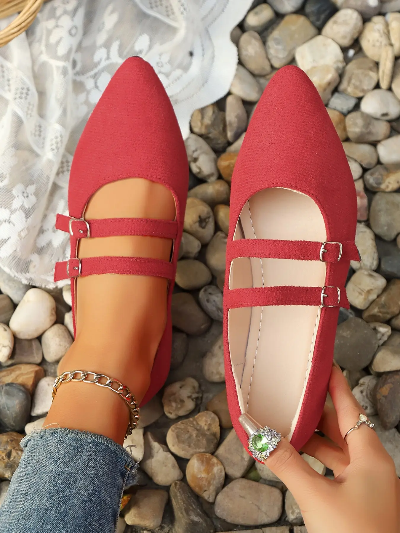 Women's Fashionable Plain Color Square Toe Flat Shoes, Casual Versatile Double Buckle Strap Shoes for Daily Wear, Lightweight Flats Breathable Comfortable Shoes for Women & Girls, Running