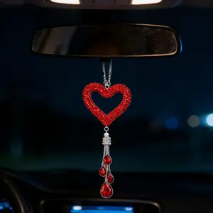 Heart Rhinestone Tassel Rearview Mirror Pendant, High-End Car Decor, Girls' Car Decoration, Stylish Car Accessory