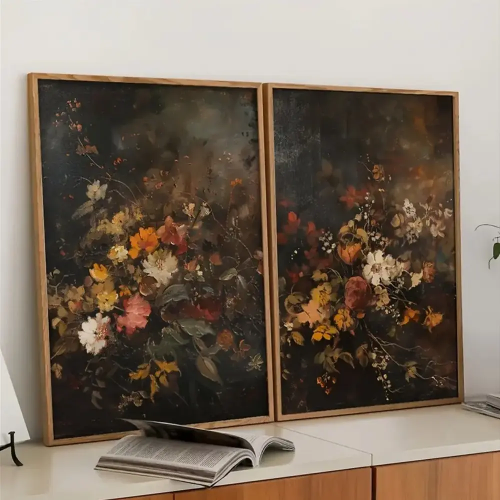 2 Pieces Vintage Dark Autumn Floral Art Prints, Unique Botanical Fall Wall Mural, Rich Seasonal Home Art, Nostalgic Gallery Decor, Dark Tone Poster, Wall Decor for Living Room and Bedroom, Framed or Unframed.