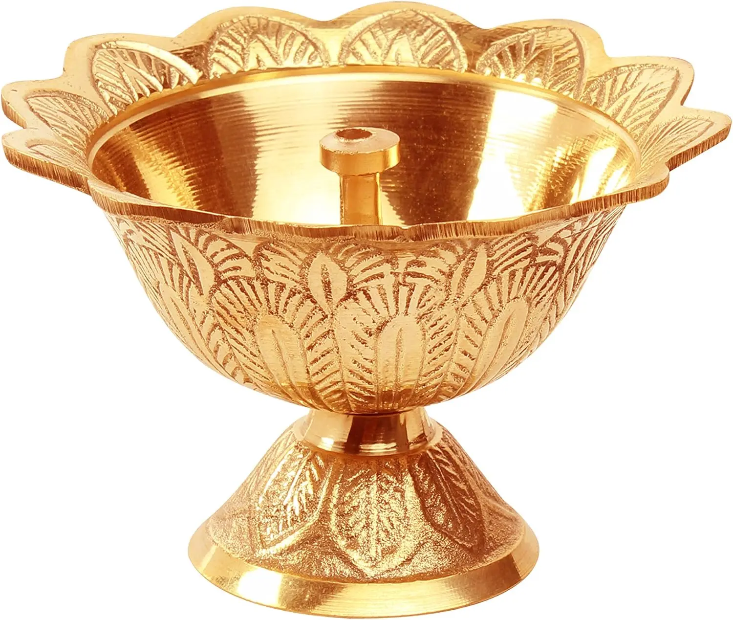Avador Handmade Brass Indian Puja Oil Lamp, Golden Diya Lamp Engraved Design Diya for Diwali Pooja (Devdas 1.5" Set of 1)