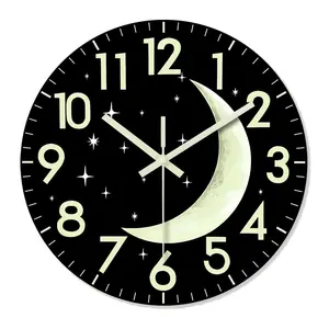 Modern Night Glow Wall Clock, Silent Hanging Clock, Vintage Vinyl Record Design, Night Star and Moon Luminous Wall Clock, Glows in Dark, Bedroom Decor, Home Decoration Gift