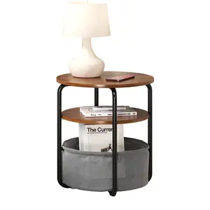 Modern 15.7" Round Rolling Side Table with Fabric Storage Basket. Mobile End Table on Wheels with Metal Frame & MDF Top. Compact Sofa Table, Nightstand & Small Laptop Desk for Living Room, Bedroom, Office. Space-Saving Couch Companion.