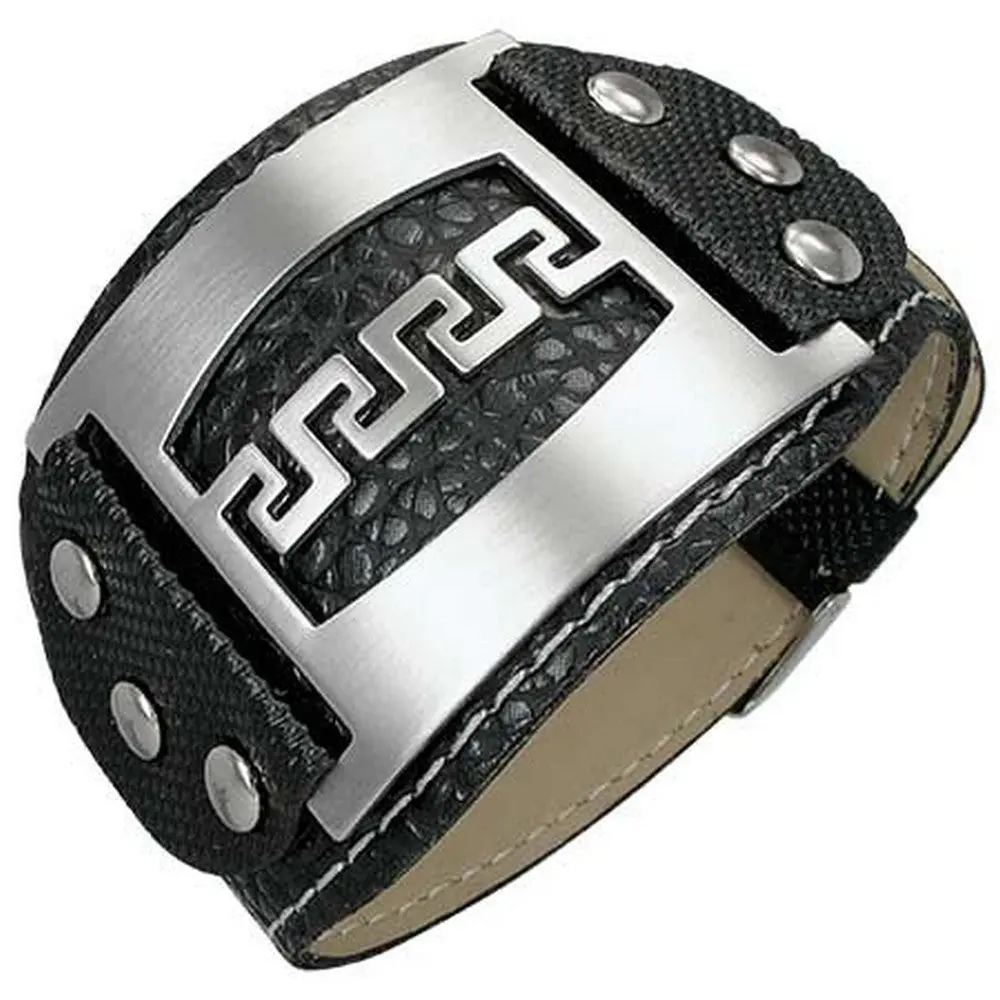 My Daily Styles Men's Greek Key Black PVC Leather Bangle Bracelet - Belt Buckle Clasp, Stainless Steel Metallic Center, Daily Fashion Accessory, Bracelets