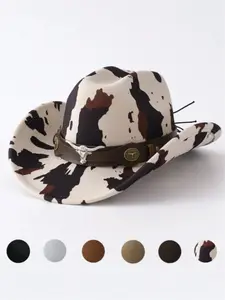 Vintage American Cowhide Faux Leather Cowboy Hat, Western Style Jazz Cap, Casual Loose-Fitting Headwear for All Seasons, Unique Pattern