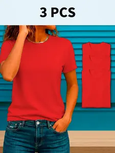 3-Pack Plus Size Women's Short Sleeve T-Shirts, Summer Casual Round Neck Tops, Plain Knit Fabric, Breathable Comfortable Clothing