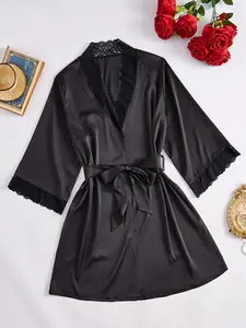 Women's Contrast Lace Belted Robe, Solid Color Long Sleeve V Neck Lounge Robe, Casual Comfy Sleepwear for Women