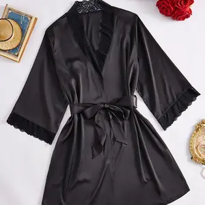 Women's Contrast Lace Belted Robe, Solid Color Long Sleeve V Neck Lounge Robe, Casual Comfy Sleepwear for Women