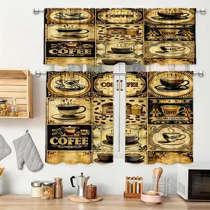 Vintage Coffee Cup Pattern Kitchen Curtains | Light-filtering Polyester, Rod Pocket Hanging, Artistic Print for Home Decor Divider Room Colorful Foldable living Leaf Transparent