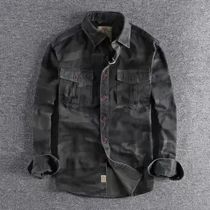 Washed camouflage tooling long-sleeved shirt men's double pockets versatile casual military youth top Menswear