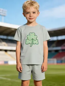 Kids' St. Patrick's Day Gingham Clover Outfit, Fresh Light Green T-shirt & Shorts Set