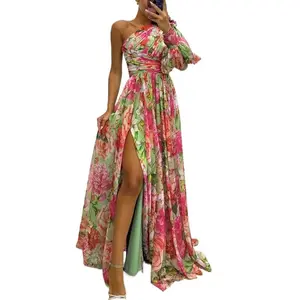 LYD Women's Summer Bohemian Floral Print Off-Shoulder Long Sleeve Tie Waist Dress with Slit Formal Fitted Boho Style Casual Chic Chiffon Fabric