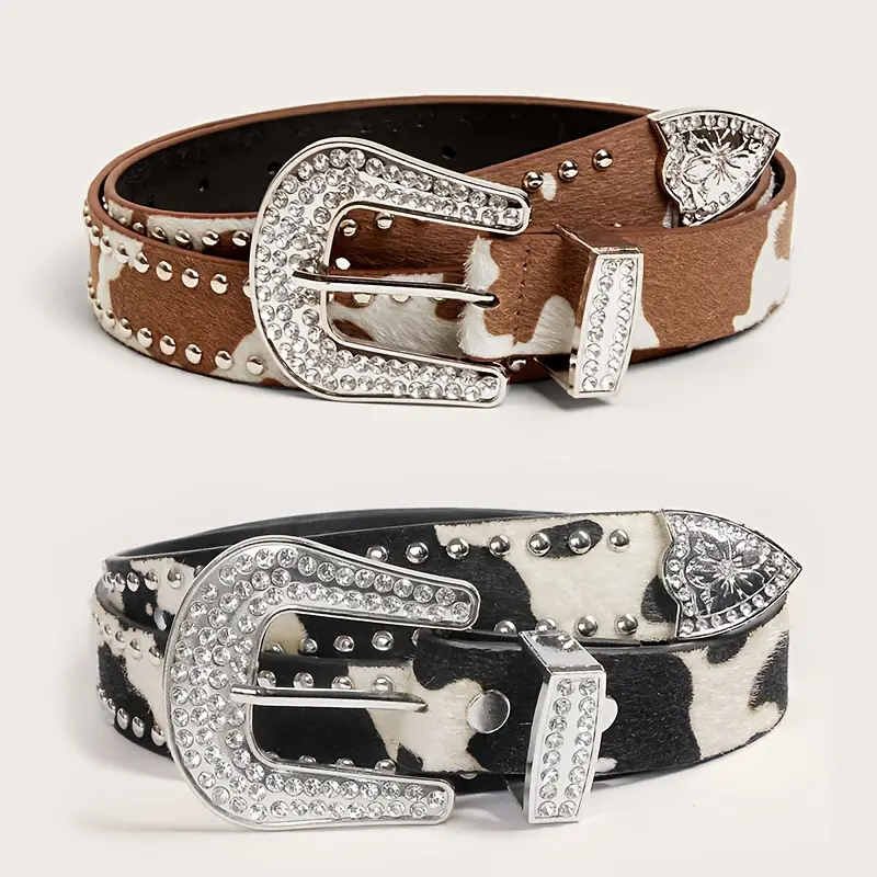 PU Leather Belt with Rhinestone Buckle for Y2K Punk Western Style Punk for Rhinestone Belts Women PU Leather Strap for  main image 4