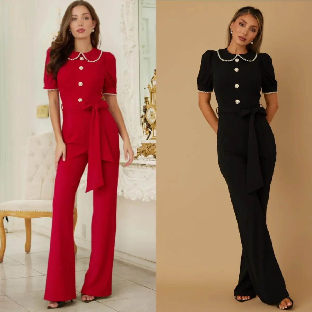 PEARL BOW JUMPSUIT - PEARL TRIM LINING ON COLLAR AND SLEEVE CUFF - SHORT PUFF SLEEVE - PEARL BUTTON UP - ADJUSTABLE TIE BELT ON WAIST - ZIPPER ON THE BACK