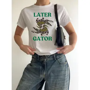 Later Gator Baby Tee, Vintage Alligator Print 90s Crop Top, Y2K Pink Heart Aesthetic Shirt