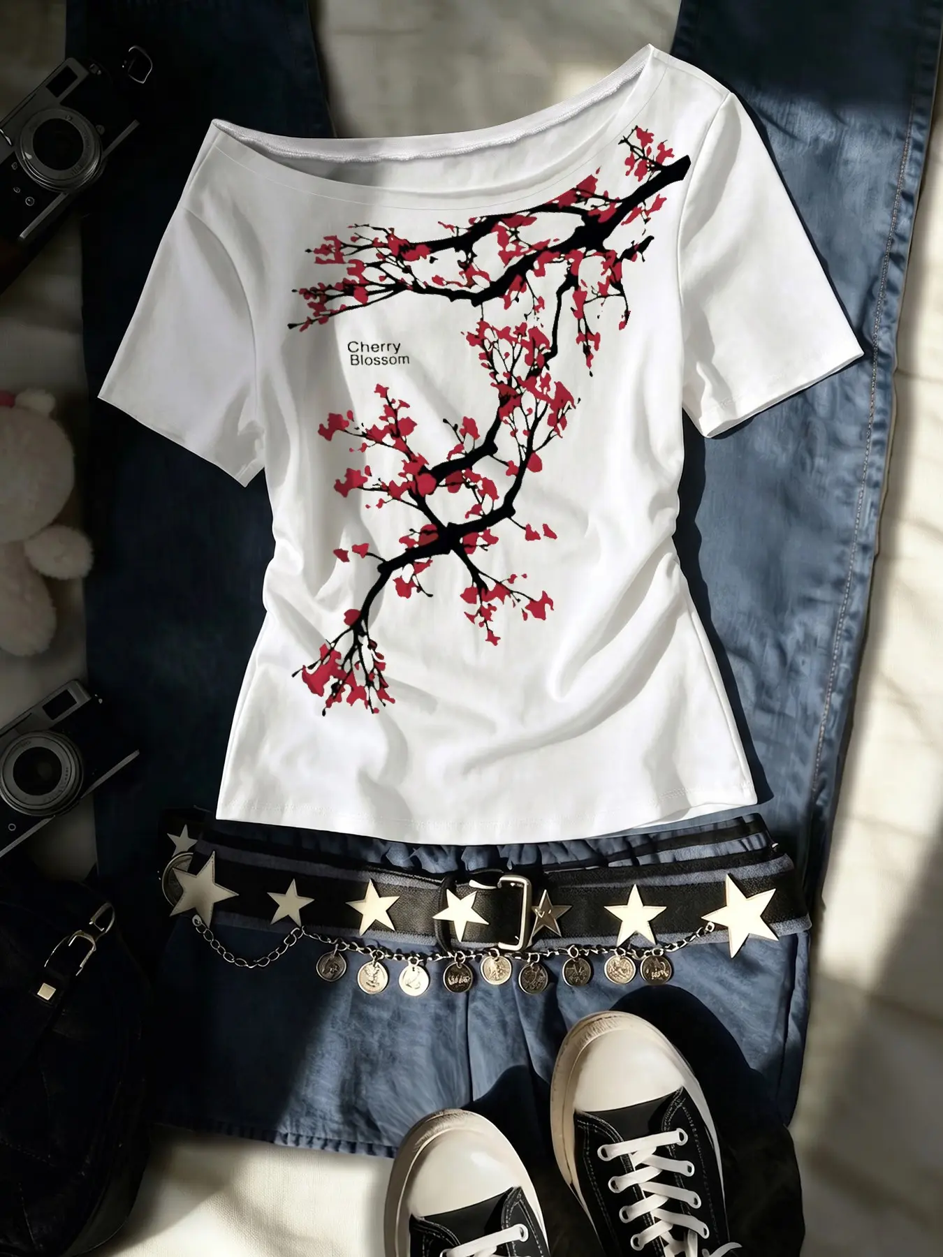 Women's Asymmetric Neckline Floral Graphic Tee, Sexy Off-Shoulder Summer Casual Baggy Loose T-Shirt, Outdoor Fashion Trendy Daily Wear, Cherry, Streetwear