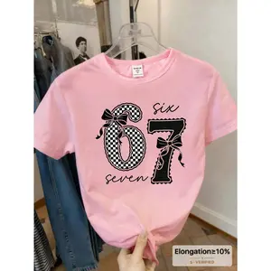 Tween Girls' Versatile Casual Fashion Creative Personalized Fresh Floral Bow Number 67 Letter Slogan Graphic Print Short Sleeve T-Shirt, Comfortable Cozy Summer And Fall Styles Suitable For Tween Girls' Daily Wear, Shirts For Girls, Kids Clothing Girls