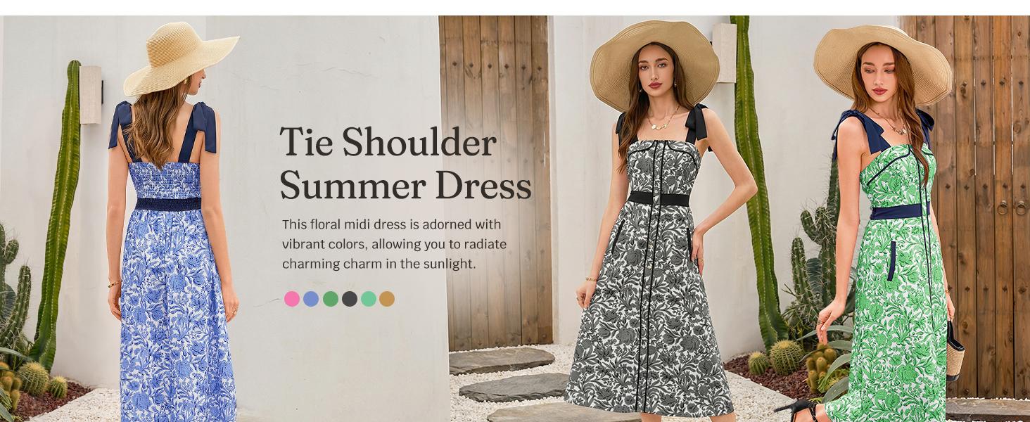 Wenrine Women's Summer Floral Midi Dress Casual Tie Strap Sleeveless Smocked Button Boho Flowy Beach Sundress with Pocket