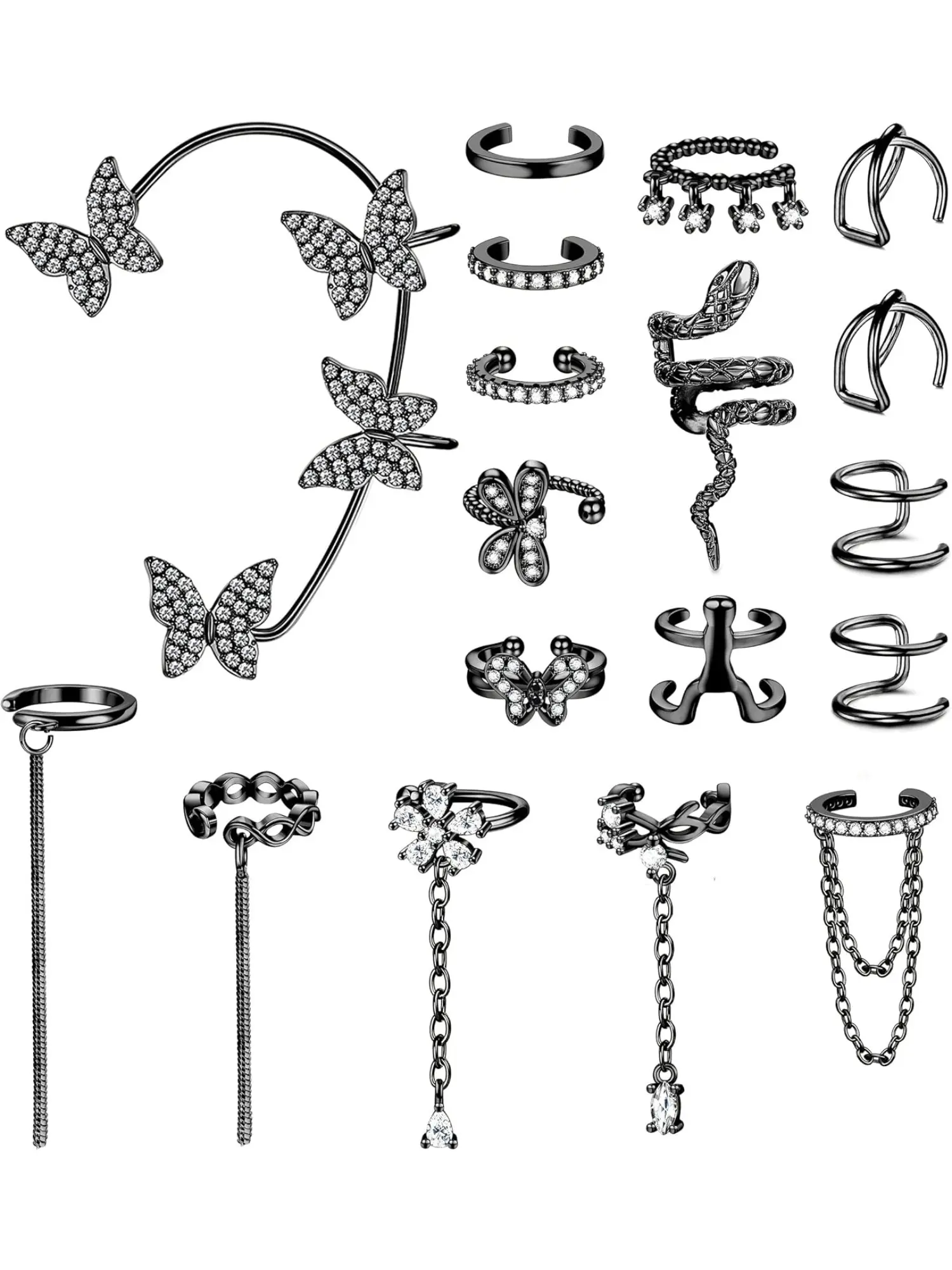 18 Pcs Gold Cuff Earrings for Women No Piercing Ear Cuffs Rhinestone Butterfly Snake Flower Dragonfly CZ Chain Dangle Faux Fake Earrings Cuff Clip on Conch Helix Cartilage Earring Set
