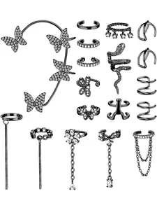 18 Pcs Gold Cuff Earrings for Women No Piercing Ear Cuffs Rhinestone Butterfly Snake Flower Dragonfly CZ Chain Dangle Faux Fake Earrings Cuff Clip on Conch Helix Cartilage Earring Set