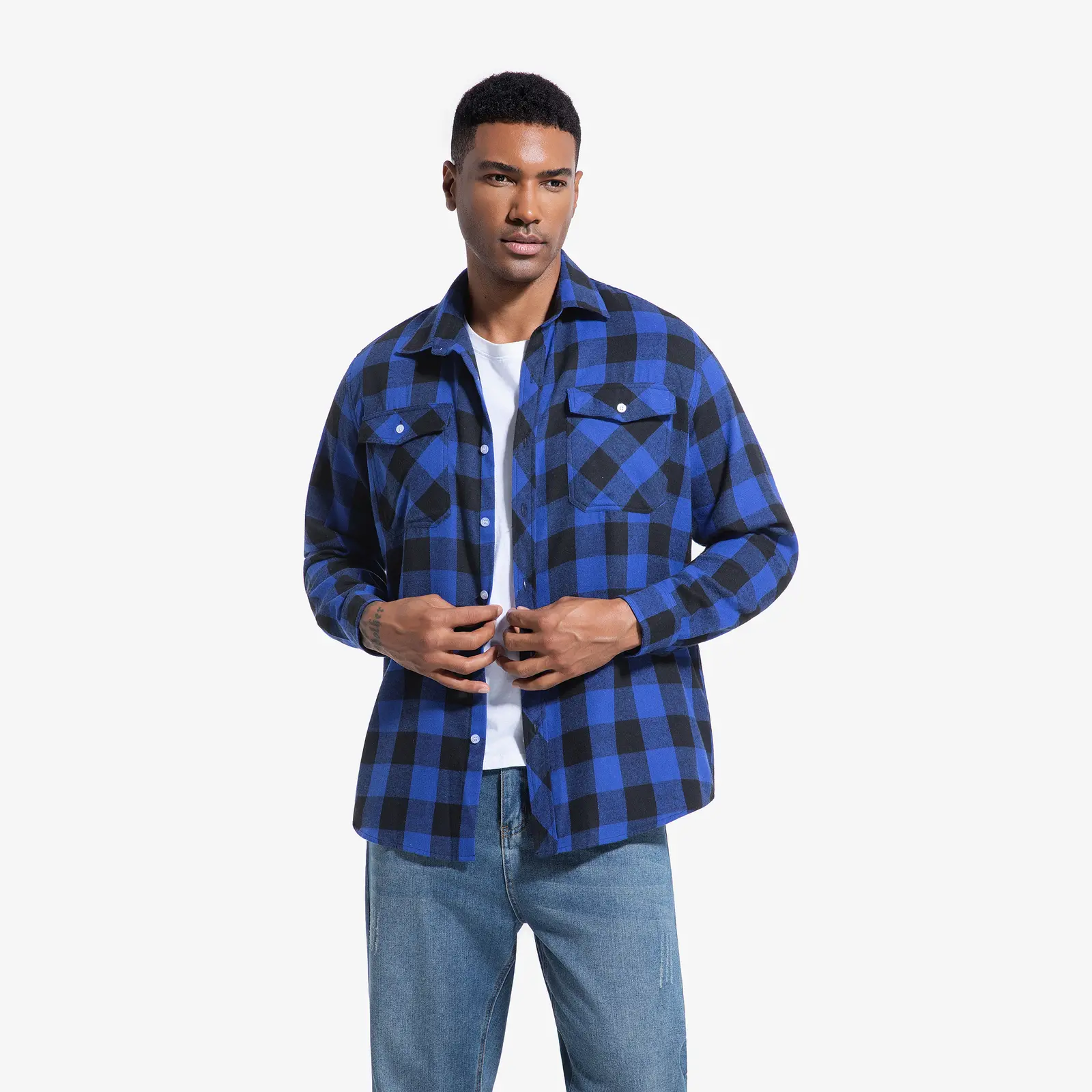 JupiterSecret Men's Plaid Flannel Shirt, Regular Fit Long Sleeve Collared Button-Down Casual Shirt with Chest Pocket Detail, Soft Comfortable Fabric, Multiple Colors, Plus Size Options