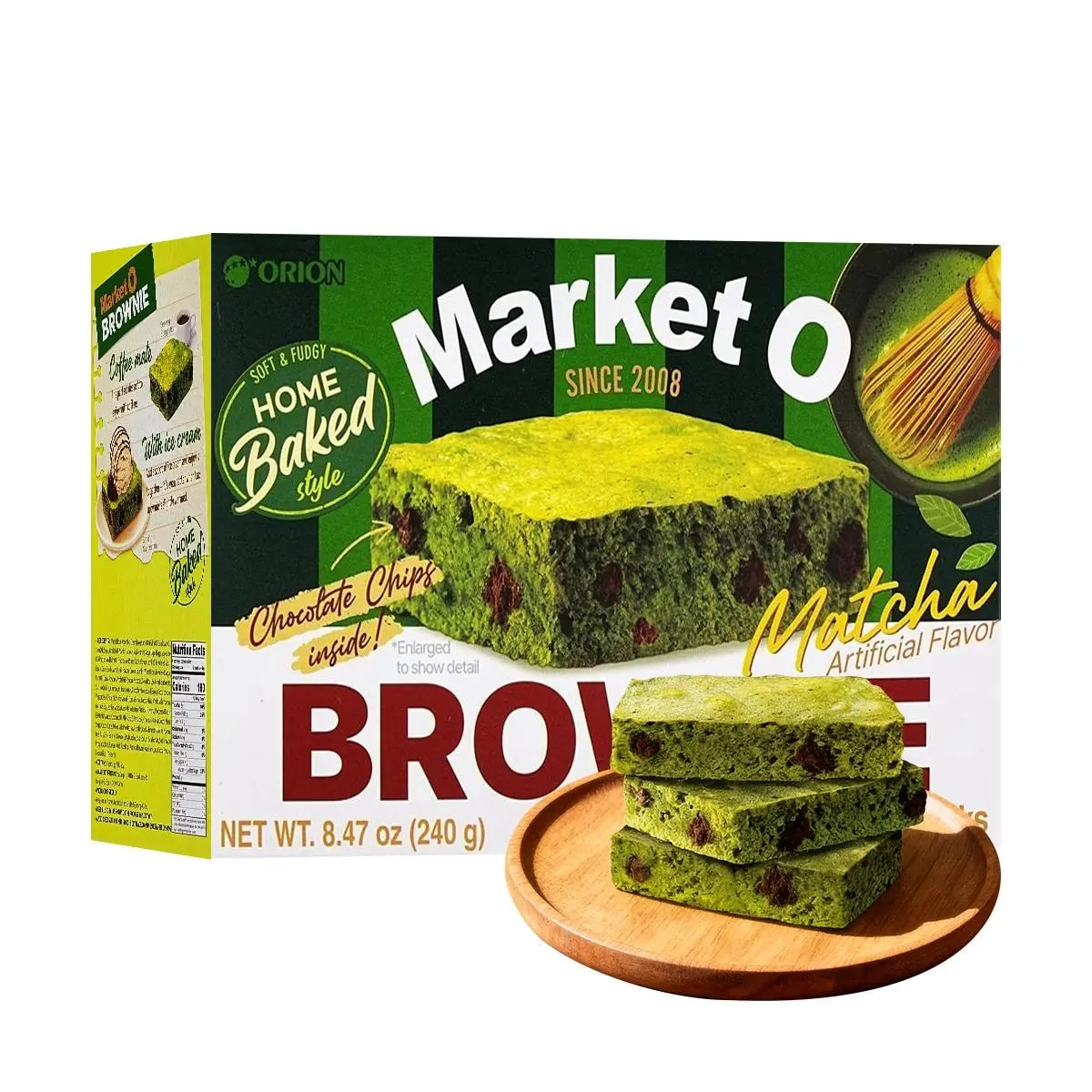 ORION Market O Matcha Brownie Bites with Chocolate Crisps - 12 Individually Wrapped Pieces (240g) - Korean Snack, Afternoon Tea Treat, Breakfast Pastry