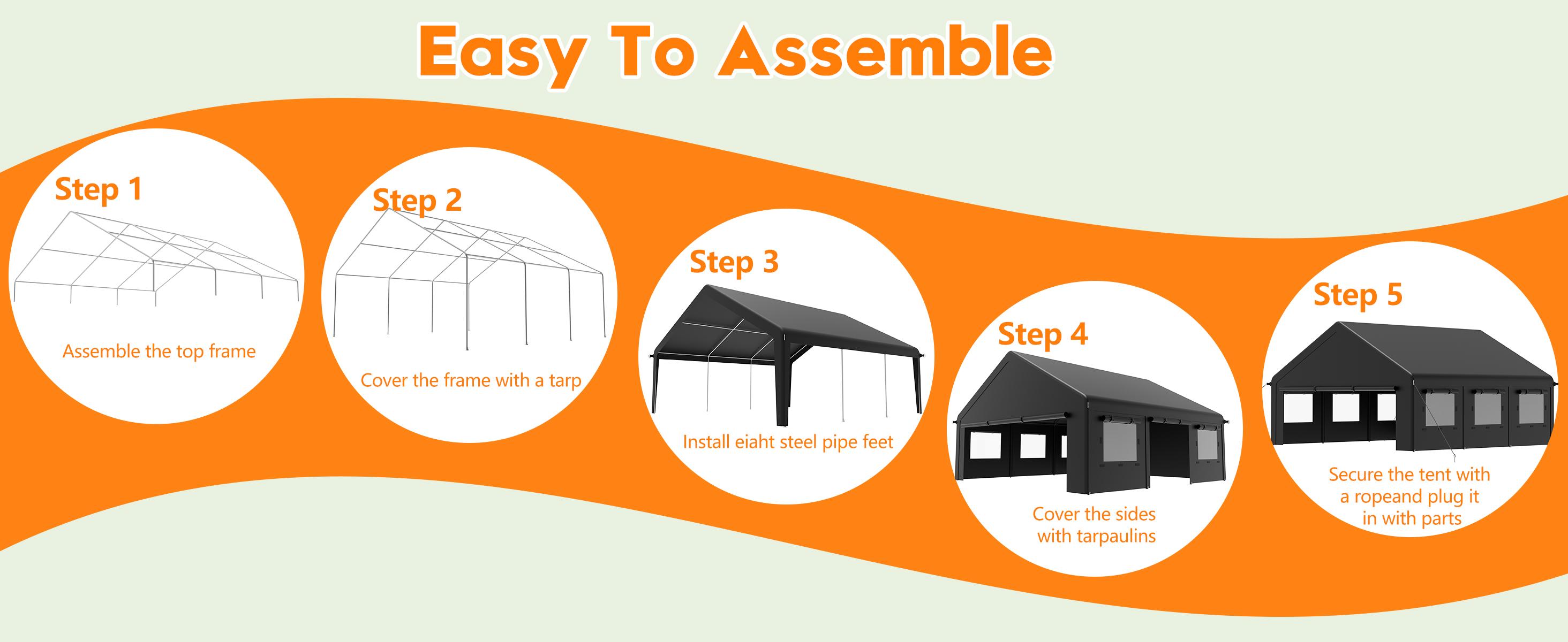 MNLR 20' x 20' Carport Canopy, Portable Garage with Side-Opening Door, Roll-Up Windows and 4-Hole Base, Black