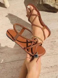 Women's Summer Thin Strap Woven Cross Design Sandals, Ankle Elastic Back, Outdoor Beach Vacation Casual Round Toe Flat Shoes
