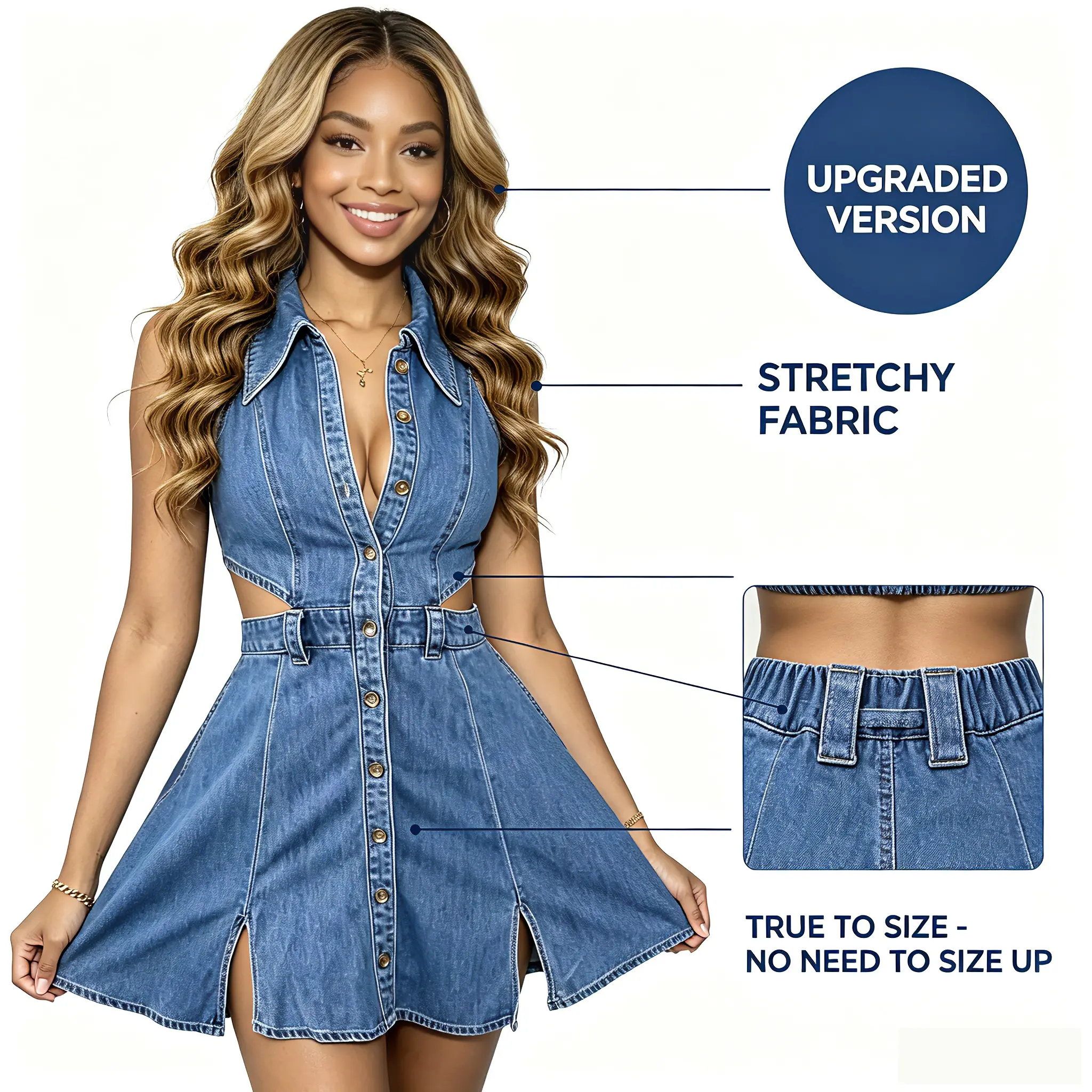 URBAN REVIVO Women STRECHY Denim Dress (True to Size)- Casual Sleeveless Cotton Blend Sundress with Cut-Out Shoulders, Above Knee Style for Going Out & Brunch Outfit Ideas, Dress Inspiration, Fashion, Basic, Fabric, Lady, Comfortable, Denim Dresses