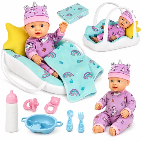 12 Inch Realistic ABS Baby Doll Multi, Activity Indoor Playset, Bassinet Bed, Unicorn Dress-Up Outfit, Bottle, Pacifier, Blanket, Easy-Carry, Posable Kids Toy for Children Development, Gift for 3+ Year Old Girls (Birthdays, Role Play, Boost Creativity)
