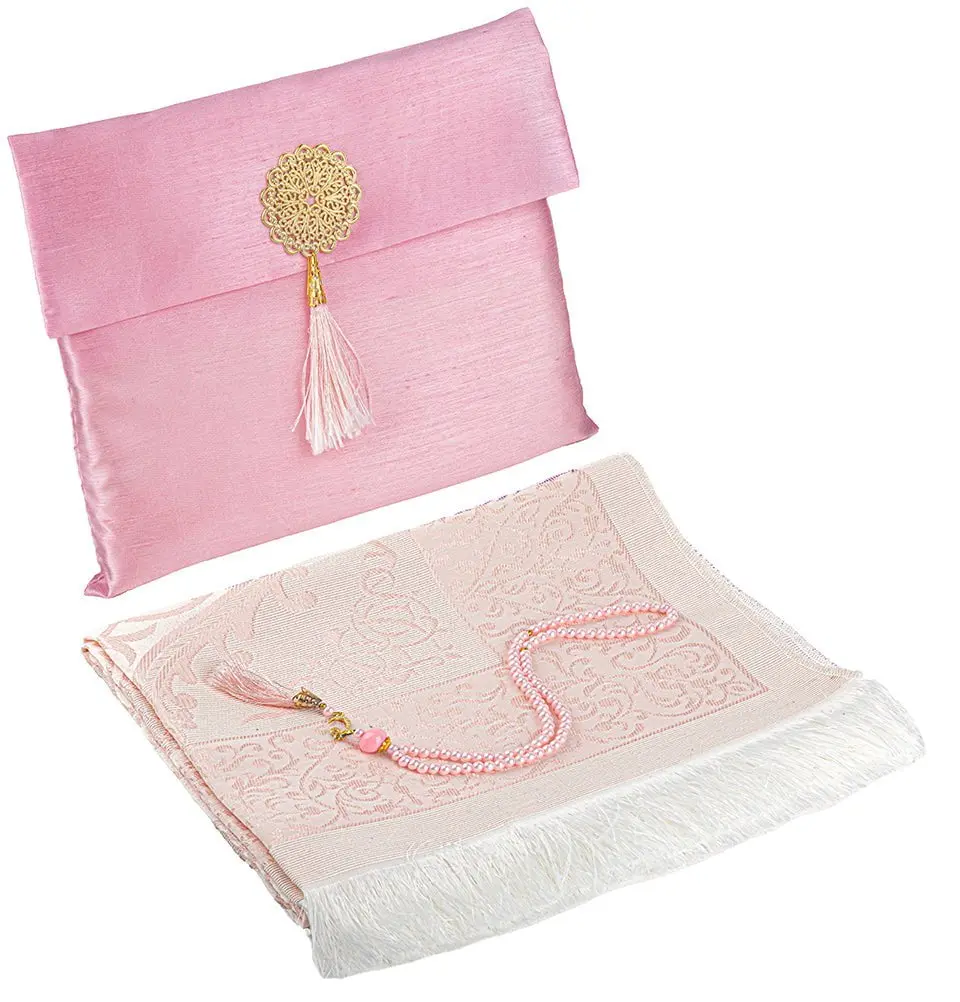 Islamic Gift Set - Prayer Mat & Tasbih in Taffeta Gift Bag - Pink