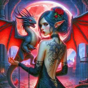 5D Diamond Painting Kit - Gothic Elf Queen with Red Dragon Under Blood Moon, Full Round Drill Fantasy Mosaic Art with Tattoo Details, DIY Rhinestone Embroidery for Fantasy Room Decorations