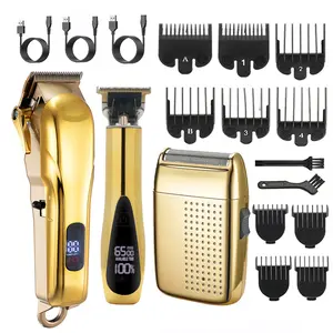 Cordless Hair Clipper Set Professional Men's Hair Clipper Shaver LED Display Screen 9 Combs Gold Finish 1000mAh Battery Hair Clippers Set Usb Rechargeable Trimmer
