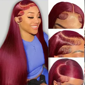 Hermosa Colored Burgundy Lace Front Wigs Human Hair 99j Lace Front Wig 13x4 Straight Glueless Human Hair Wigs Pre Plucked Hairline 180 Density Wine Red Color 26 Inch
