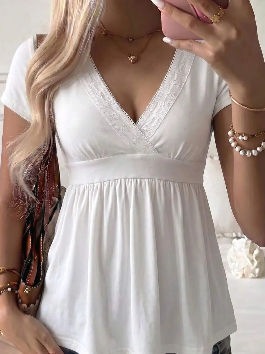 Sweet Girl Style Y2K Pink Lace Patchwork V-Neck Short Sleeve T-Shirt, Soft Casual Top, Back To School Outfit Summer