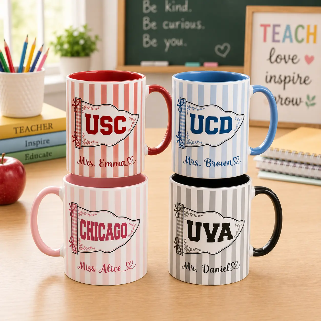 Personalized Teacher Mug, Custom School Pennant Mug, Teacher Appreciation Gift, Back to School Coffee Mug, Custom Name Gift