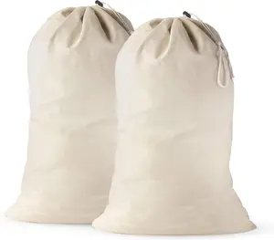 Cotton Laundry Bags 24x36 Inch with Drawstring, Heavy Duty Travel Organizer for Hamper, Basket, Camp – Beige (2 Pack)