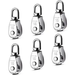 Dorhea 6 Pack 0.59" Single Pulley Block 304 Stainless Steel M15 Crane Swivel Hook Single Pulley Roller Smooth Wire Rope Cable Heavy Loading