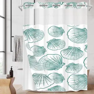 1PC Double Layer No Hooks Shower Curtain, Teal Seashell Line Art Print, Fresh Coastal Bathroom Decor, Detachable Buckle Liner for Home Hotel, 71×74 Inch