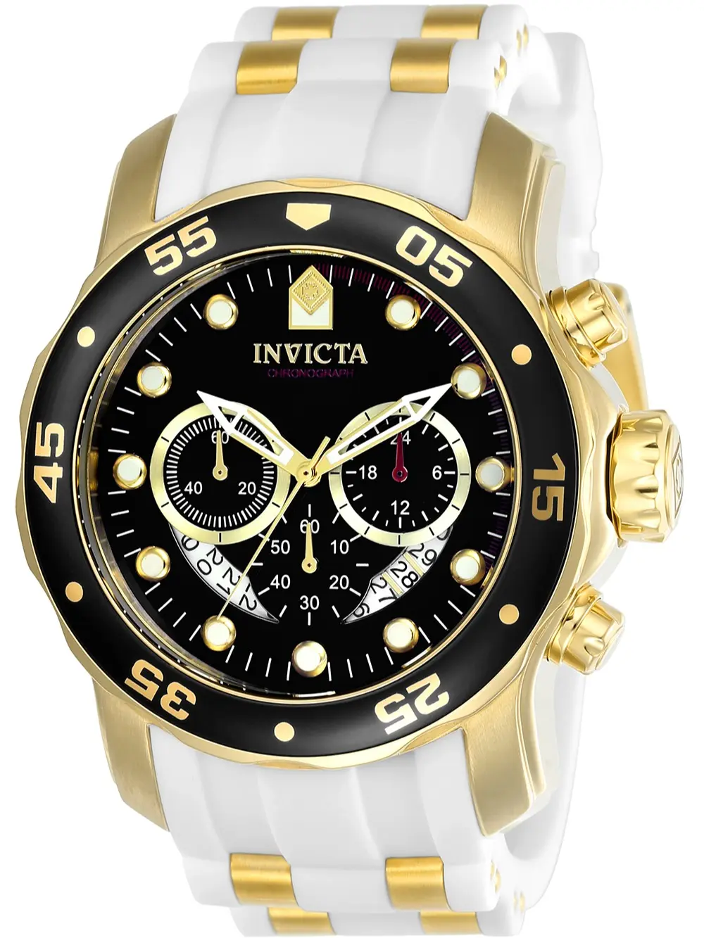 Invicta Men's Pro Diver Scuba Chronograph - 48mm Masculine Round Multifunction Anti-Scratch Glow-in-the-Dark Quartz Watch, Black Dial, Gold Case, White Silicone Strap, Authentic New in Box, Anti-Scratch Quartz Watches, Glow-In-The-Dark Quartz Watches