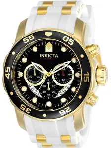 Invicta Men's Pro Diver Scuba Chronograph — Black Dial, Gold Case, White Silicone Strap — 48mm Summer Vacation Watch — Authentic, New in Box