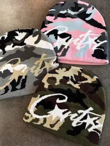 American retro letter camouflage knitted woolen hat for autumn and winter couples, street warm men and women, yuppie pullover cold hat